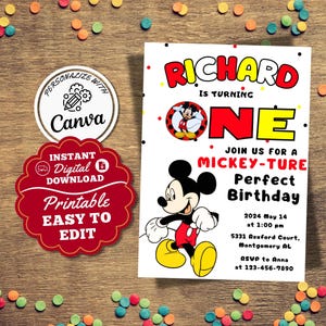 1st Mickey Mouse Birthday Invitation Mickey Printable Card For Boys Birthday Invite Mickey Canva Instant Digital Downlod 5x7in