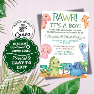 Editable Boy Dinosaur Baby Shower Invitation Rawr It&#39;s a Boy Dinosaur Baby Shower Invite Greenery Dinosaur Shower Boho Dino Card DIY
