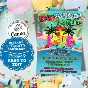 Invitation à une fête de fin d'école, carte amour été, modèle d'invitation à une fête d'été à la piscine pour la rentrée de l'école, invitation imprimable 5 x 7 pouces