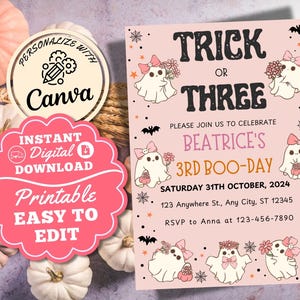 Trick or Three Halloween Ghost 3rd Birthday Party Invitation Cute Pink Girl Ghost 3rd Birthday Third Boo Day Invite