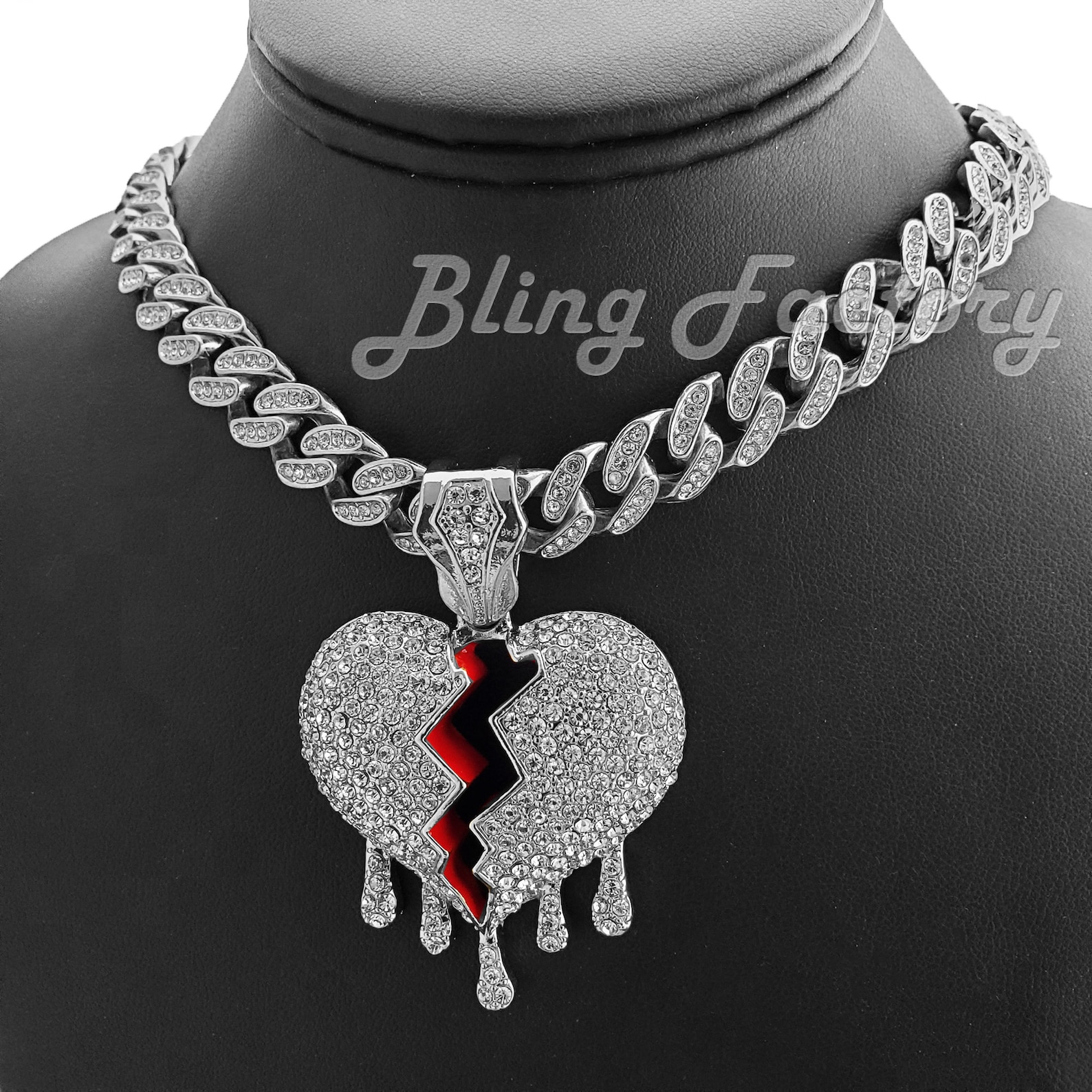 White Gold Plated Broken Heart Drip Pendant & 12mm 16 Etsy