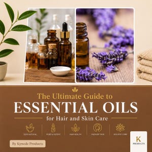 May include: An advertisement for essential oils for hair and skin care. The image features various amber glass bottles, lavender sprigs, and a stack of beige towels. Text reads "The Ultimate Guide to Essential Oils".