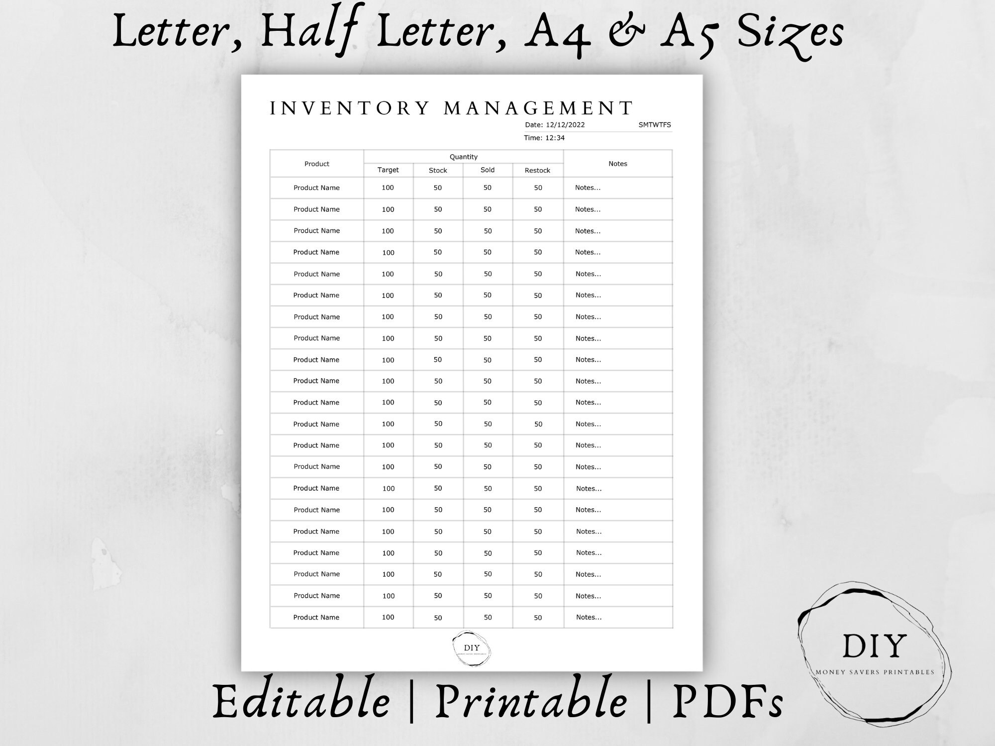 Editable Inventory-inventory Management-inventory Pdf-inventory Form ...
