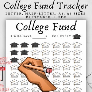 College Fund Tracker Pdf.  There is a cartoon hand holding a pencil coloring in a graduation cap one of many on a piece of paper.  This is a .pdf document template. Letter & A4 sizes. Instant Printable Downloadable Template.