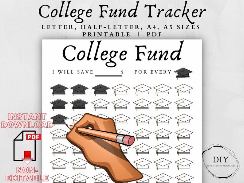 College Fund Tracker Pdf.  There is a cartoon hand holding a pencil coloring in a graduation cap one of many on a piece of paper.  This is a .pdf document template. Letter & A4 sizes. Instant Printable Downloadable Template.