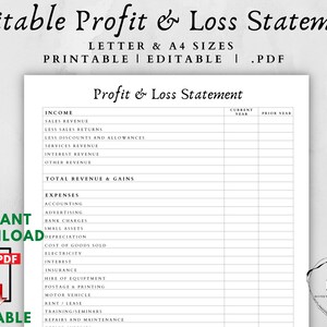 Editable Profit Loss Statement-P And L-P And L Statement-Profit Loss- P And L Template-Taxes-Investment Documents-Self Employed-Tax Document