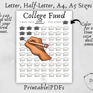 Printable pdf College Fund Savings Tracker file explaining how to use the document.  Arrows pointing to each graduation cap you save X amount and Color in graduation caps for every X you save.  Editable form fields. fill form template