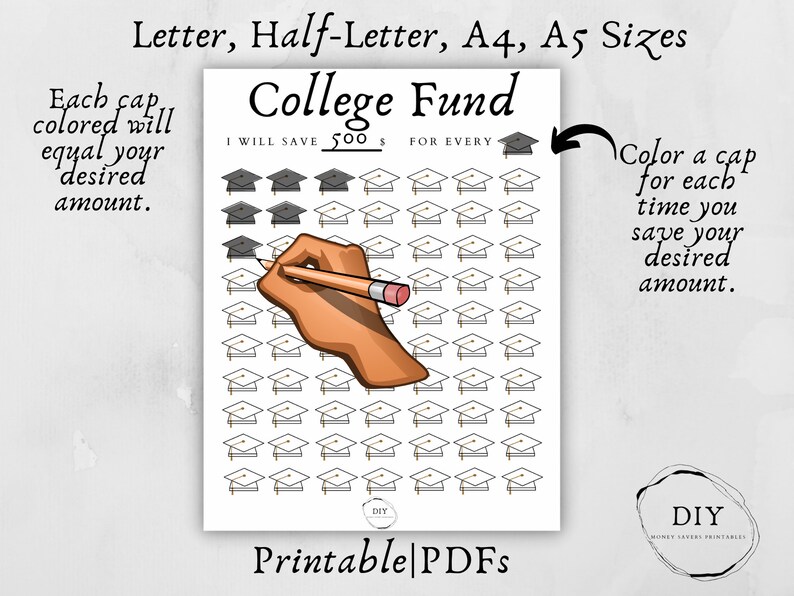 Printable pdf College Fund Savings Tracker file explaining how to use the document.  Arrows pointing to each graduation cap you save X amount and Color in graduation caps for every X you save.  Editable form fields. fill form template