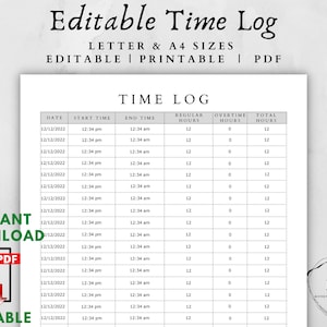Editable Time Log-Work Log Template-Work Log-Time Log Sheet-Time Log Weekly-Timesheet-Timesheet Template-Employee Time Sheet-Work Timesheet