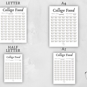 College fund savings tracker image showing the size differences between Letter Half-letter, A4 and A5 sizes. Printable instant download pdf document. template. Purchase, Download, Print, Start Saving for College.
