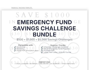 Pacchetto di sfide per il risparmio del fondo di emergenza / Tracker di risparmio 500 1000 5000 / Tracker del fondo di emergenza stampabile / Risparmio di denaro stampabile