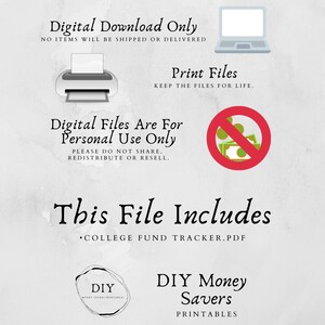 Digital download only. Printable files.  Digital files are for personal use only.  This purchase includes Four files; College Fund Savings Tracker Letter, Half-letter, A4 and A5 sizes.pdf.