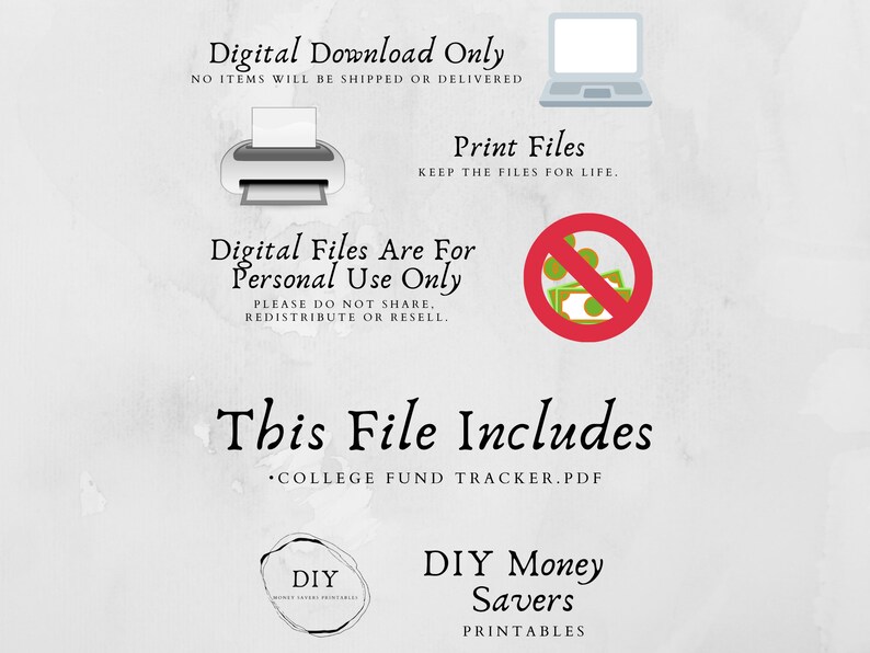 Digital download only. Printable files.  Digital files are for personal use only.  This purchase includes Four files; College Fund Savings Tracker Letter, Half-letter, A4 and A5 sizes.pdf.