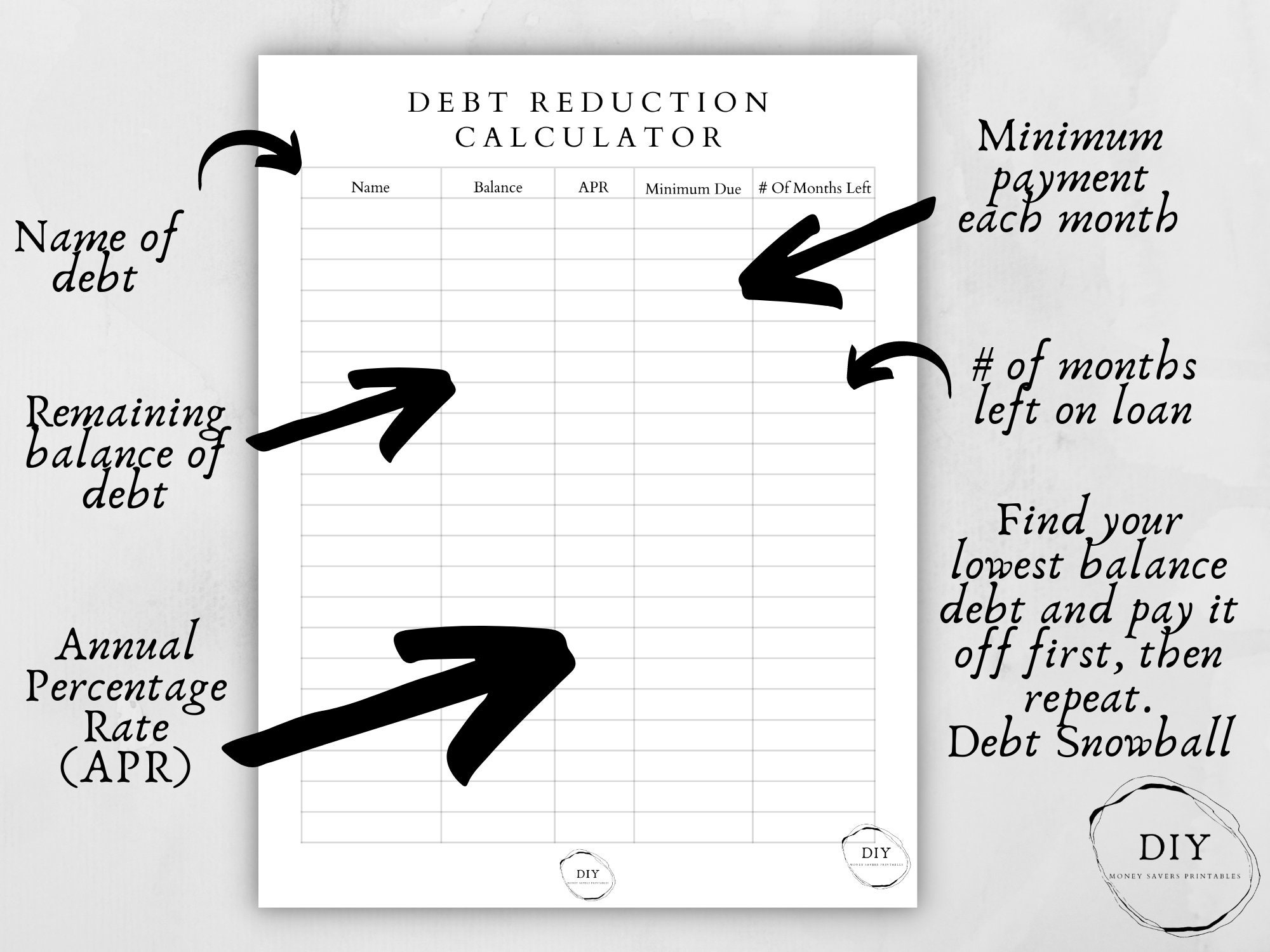 Debt Reduction Calculator Debt Payoff Calculator Debt Free Etsy