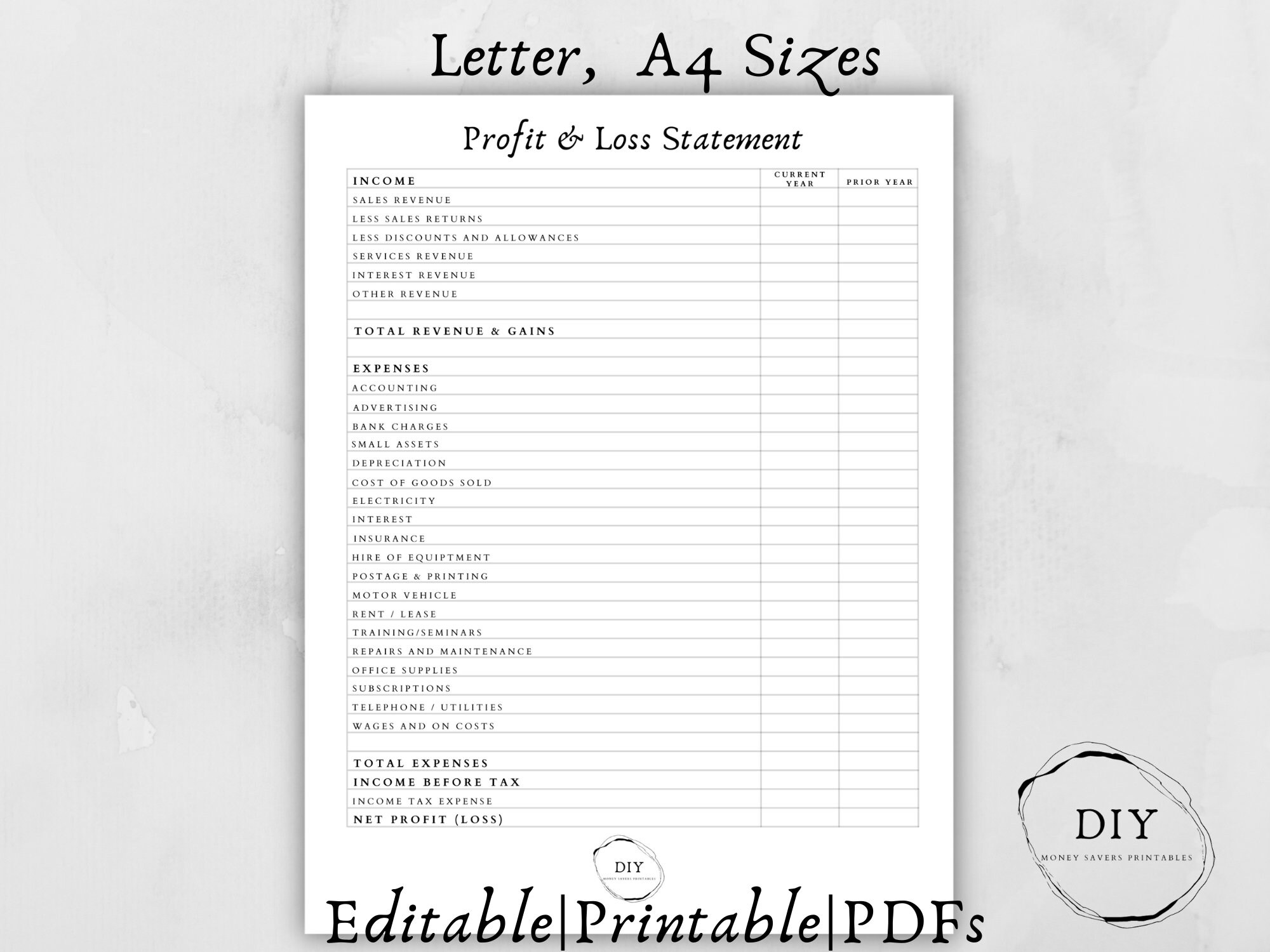 Editable Profit and Loss Statement – Printable P and L Template (letter ...