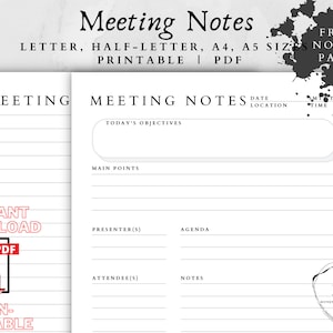 Meeting Notes-Meeting Agenda-Meeting Planner-Meeting Template-Notes Pages-Stationary-Stationary Notes-Notes-Notepad-Meeting-Notepad Template