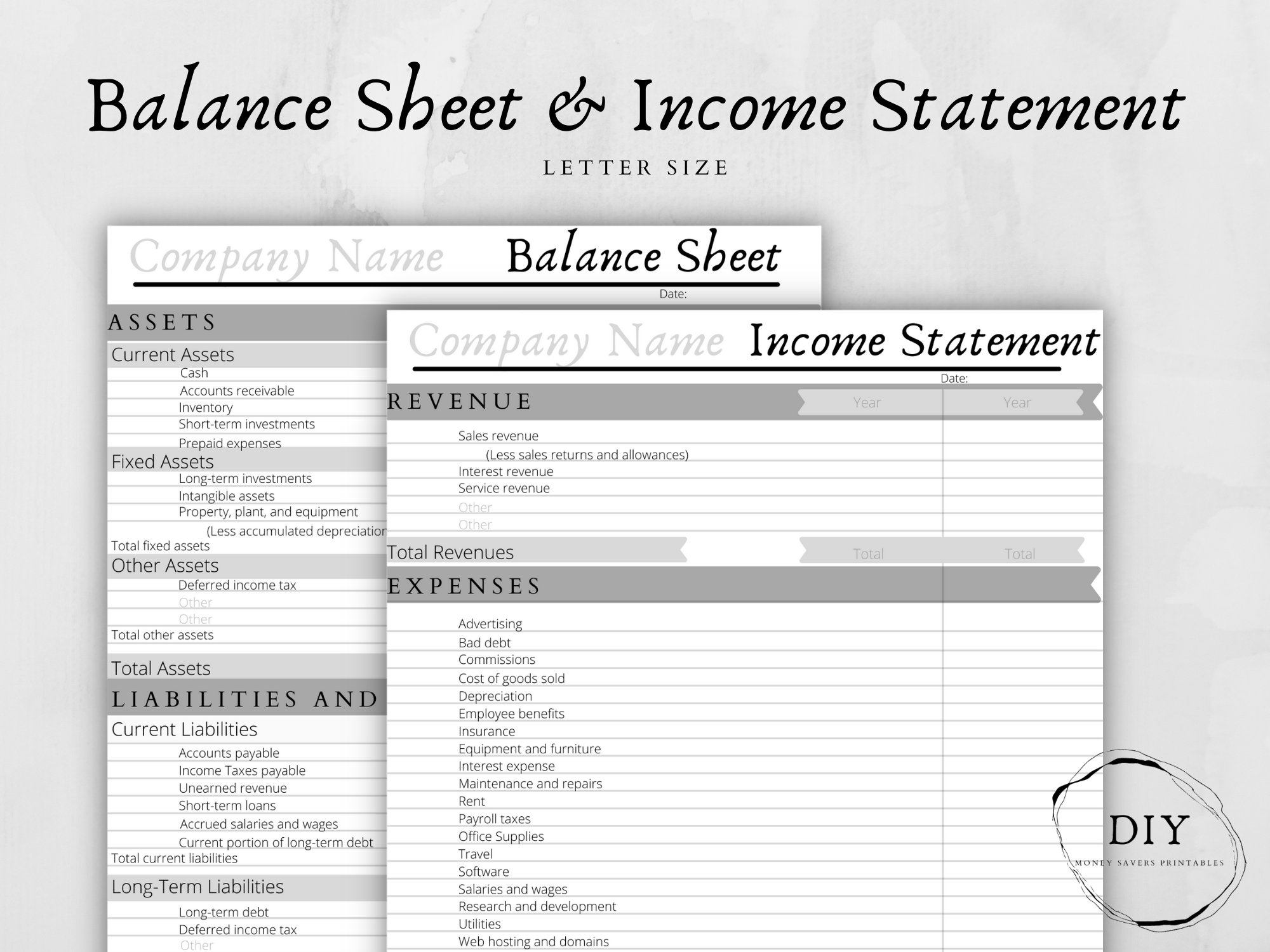 Professional Balance sheet and Income Statement Printable | Etsy