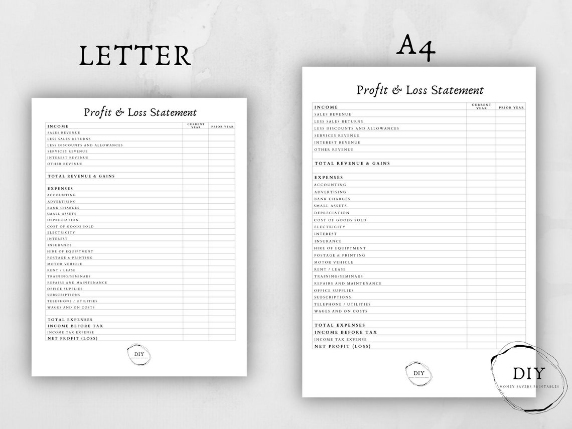 Editable Profit and Loss Statement – Printable P and L Template (letter ...