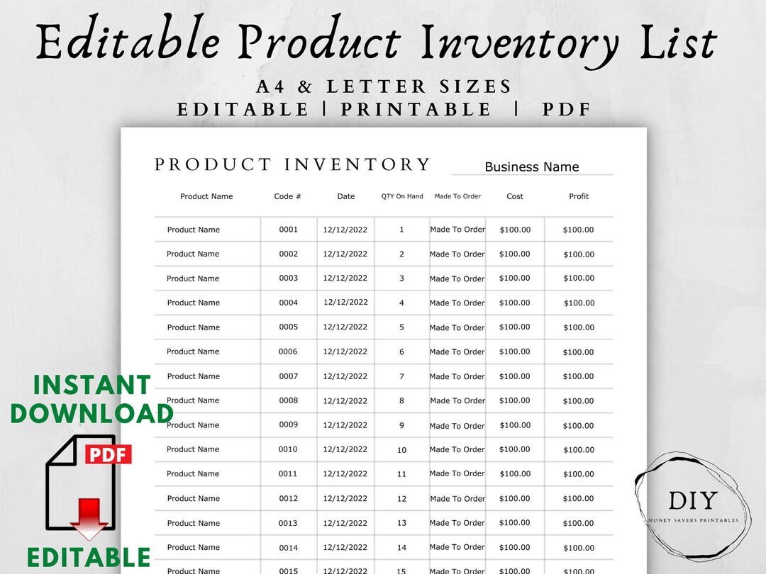 Editable Product Inventory List: A4 and Letter Size (digital Download ...