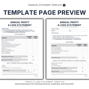 Pu&ograve; includere: Anteprima della pagina del modello di rendiconto finanziario intitolata "Rendiconto annuale profitti e perdite". Il documento include sezioni per spese, entrate e utile netto, con campi per i dati dell'anno in corso e dell'anno precedente. Il modello &egrave; progettato per i piccoli imprenditori.