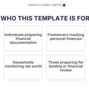 Pu&ograve; includere: Un grafico bianco con il testo "WHO THIS TEMPLATE IS FOR" in blu scuro. Il grafico elenca quattro categorie: individui che preparano documentazione finanziaria, liberi professionisti che monitorano le finanze personali, famiglie che monitorano il patrimonio netto e coloro che si preparano per una revisione creditizia o finanziaria.