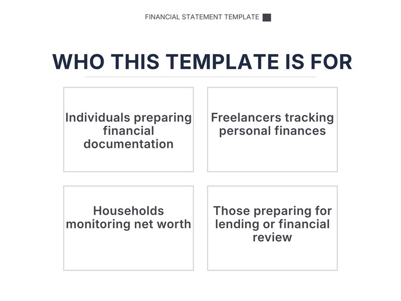 Pu&ograve; includere: Un grafico bianco con il testo "WHO THIS TEMPLATE IS FOR" in blu scuro. Il grafico elenca quattro categorie: individui che preparano documentazione finanziaria, liberi professionisti che monitorano le finanze personali, famiglie che monitorano il patrimonio netto e coloro che si preparano per una revisione creditizia o finanziaria.