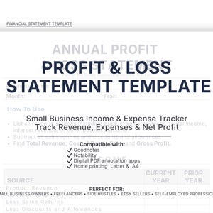 May include: A financial statement template titled "Profit & Loss Statement Template" with sections for tracking revenue, expenses, and net profit. It is compatible with Goodnotes, Notability, digital PDF annotation apps, and home printing.