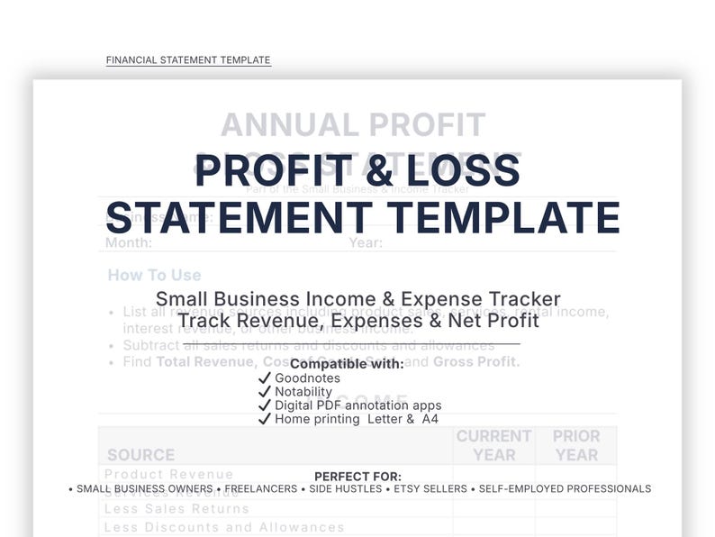 Pu&ograve; includere: Un modello di rendiconto finanziario intitolato "Profit & Loss Statement Template" per tenere traccia di entrate, spese e utili netti. Compatibile con Goodnotes, Notability, app di annotazione PDF digitali e stampa domestica.