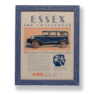 Framed original 1929 magazine ad for a 1929 Hudson Essex Challenger car. Framed with a one of a kind hand painted picture frame.