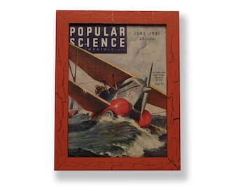 Framed original 1931 Popular Science magazine cover of a water plane. Framed with a one of a kind hand painted picture frame.