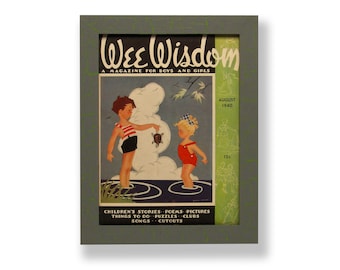 Framed original 1940 Wee Wisdom magazine cover with children and a turtle. Framed with a one of a kind hand painted picture frame.