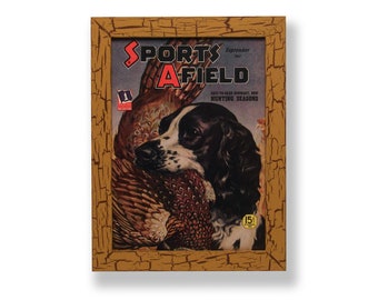 Framed original 1942 Sports Afield magazine cover with a hunting dog and a bird. Framed with a one of a kind hand painted picture frame.