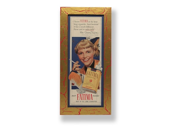 Framed original 1950 magazine ad for Fatima cigarettes. Framed with a one  of a kind hand painted picture frame