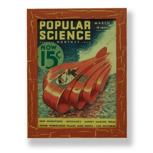 Framed original 1933 Popular Science magazine cover of a futuristic race boat. Framed with a one of a kind hand painted picture frame.