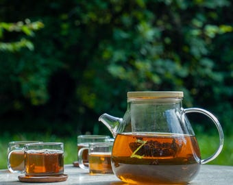 Juego de té de cristal: tetera con infusor y seis tazas