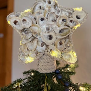 May include: A star-shaped Christmas tree topper made of oyster shells, adorned with small white pearls and warm white fairy lights. The topper sits atop a decorated evergreen tree with blue ornaments and gold accents.