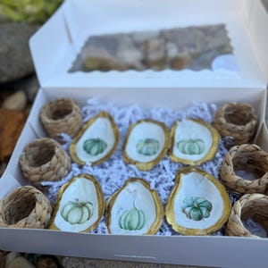 May include: A white box with a clear window contains six oyster shells painted with gold rims and green pumpkins. Woven napkin rings surround the shells, all nestled on white paper. The box is open, revealing the contents.