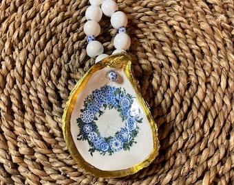 Wine Bottle Charm | Oyster Shell | Blue & White Chinoiserie | Hostess Gift