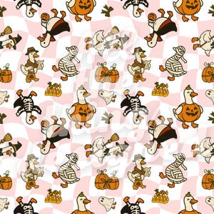 May include: A repeating pattern of cartoon ducks in Halloween costumes, including a pumpkin, mummy, and skeleton, on a pink and white checkered background. Other elements include pumpkins, ghosts, and candy corn.