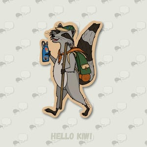 Hiking Raccoon Sticker for Outdoor Adventure Enthusiasts, Waterproof Decal