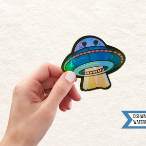 Holographic Alien Sighting UFO Sticker, Funny Aliens, Spaceship UAP, Waterproof Sticker