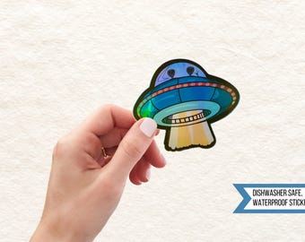 Holographic Alien Sighting UFO Sticker, Funny Aliens, Spaceship UAP, Waterproof Sticker