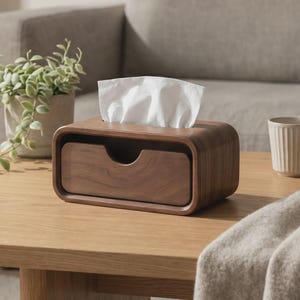 May include: A rectangular dark brown wooden tissue box holder with rounded corners and a central cutout for dispensing white tissues. The box features a smooth, polished finish and a horizontal design that sits flat on a surface.