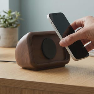 May include: A dark brown wooden wireless charging stand with a circular black magnetic center. The device has a smooth, curved rectangular shape and is connected to a thin black power cable extending from the back of the unit.