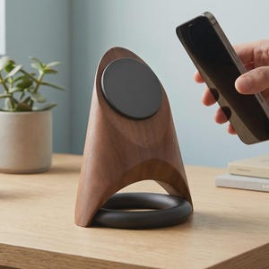 May include: A dark wood wireless charging stand with a circular black magnetic charging pad and a black ring base. The stand features a smooth, curved, upright design that holds a smartphone in place for convenient charging on a desk surface.