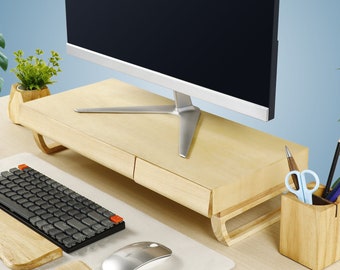 Enkele houten monitorstandaard met lades | Ondersteuning voor iMac | Houten plank | Laptopstandaard | Perfect cadeau
