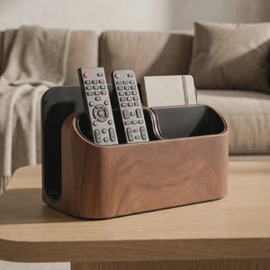 May include: A rectangular desk organizer featuring a dark wood grain exterior and a smooth black interior. The organizer has multiple compartments holding two black remote controls with various buttons and a small, light-colored rectangular notebook.
