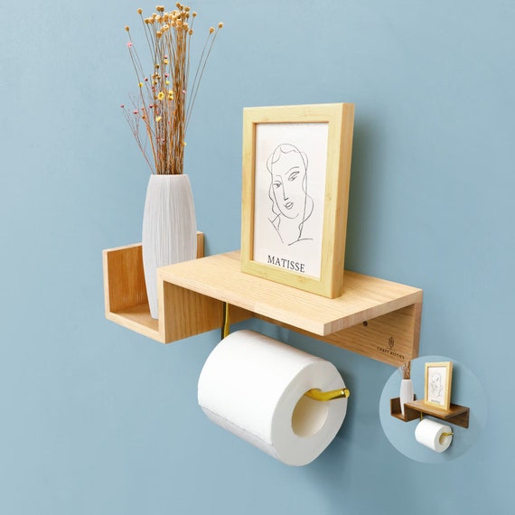 Porte papier toilette bois doré Dérouleur papier wc bois avec porte  téléphone style macramé Etagère murale rangement facile 30x12x10cm -   France