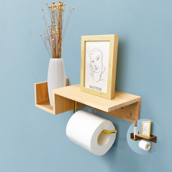 Porte papier toilette bois doré - Dérouleur papier wc bois avec porte téléphone style macramé - Etagère murale rangement facile 30x12x10cm