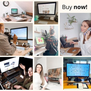 Pu&ograve; includere: Un collage di immagini che mostrano persone diverse che lavorano in uffici domestici con vari monitor per computer, laptop e scrivanie. Il testo "Acquista ora!" &egrave; visualizzato nell'angolo in alto a destra dell'immagine.